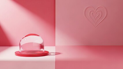 A pink background with a glass paperweight sitting on a white surface