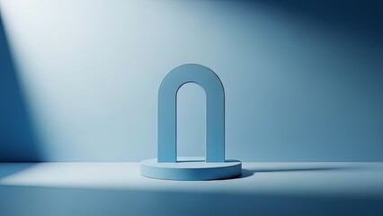 A minimalist modern 3d rendered archway with a cylindrical base on a blue background