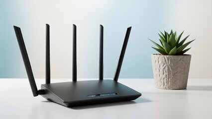 A black wi fi router with four antennas on a white surface next to a small green potted plant