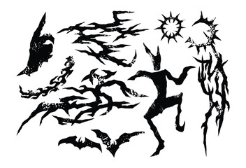 Cool Set of Y2k Tattoo. Cyber Sigilism Grunge Tattoo Designs. Y2k, Hand Drawn neo tribal Tattoos