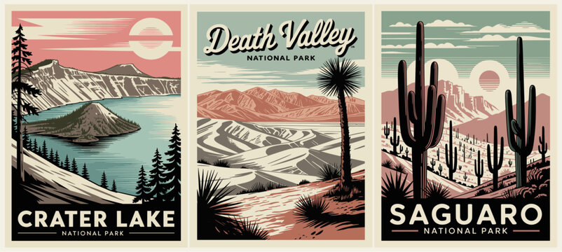 Set of three vintage national park posters featuring Crater Lake, Death Valley, and Saguaro with retro colors and iconic American landscapes.