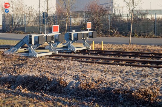 Railway buffer stop marking end of train track