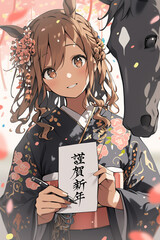 和装のアニメ美少女が謹賀新年の書を持つ年賀状イラスト 馬と一緒の華やかな正月イメージ
