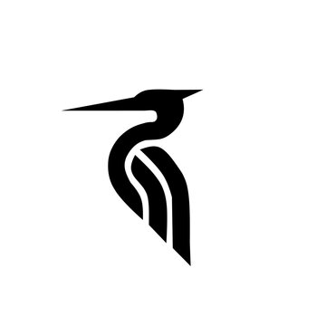 Elegant minimalist heron silhouette with clean geometric lines. This professional black and white bird design embodies grace and precision, perfect for branding.