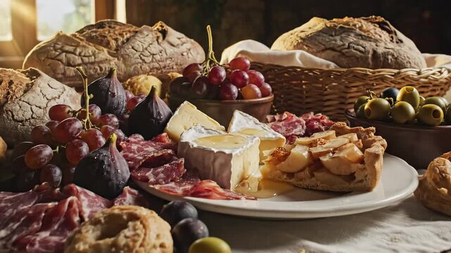 Artistic display of bread fruits cheeses and meat products on wooden table