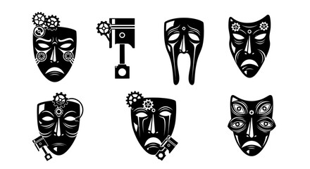 Striking steampunk masks for creative projects, conveying drama, artistry, and mechanical themes perfect for artistic designs and imaginative concepts, originally vector