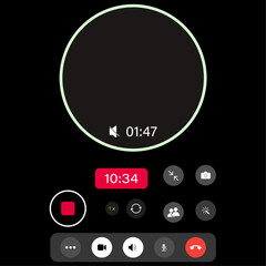 Modern dark mode mobile video call interface displaying a muted timer, current time, and essential controls like record, microphone, and end call buttons on a black background.