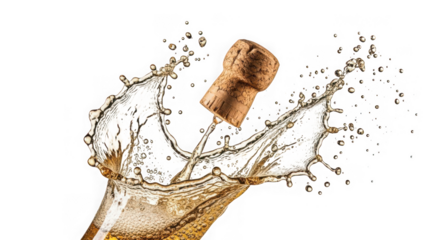 Champagne cork popping out of bottle with splashing liquid isolated on transparent background
