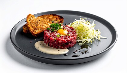A refined dish of steak tartare, toasted bread, and slaw, served on a dark plate