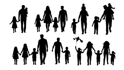happy family silhouettes walking together holding hands outdoors under bright daylight sun