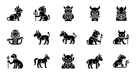 Obraz premium Collection of mythical creatures and mythological beasts icons representing ancient folklore and fantasy legends