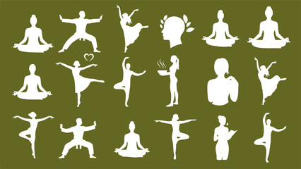 yoga poses silhouettes collection with zen meditation and healthy lifestyle exercise positions