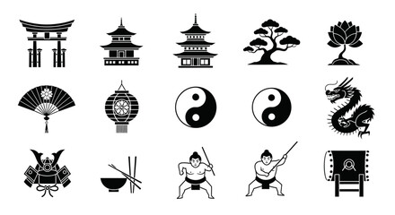 Captivating collection of iconic Japanese cultural symbols including Torii gate, pagodas, bonsai, lotus, dragon, and samurai helmet for authentic design projects.