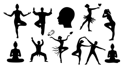 creative dance and yoga silhouettes with head profile for artistic expression design