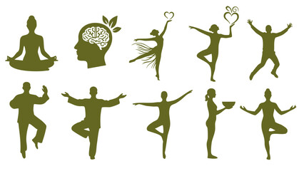 yoga poses and green lifestyle silhouettes for wellness meditation and healthy living