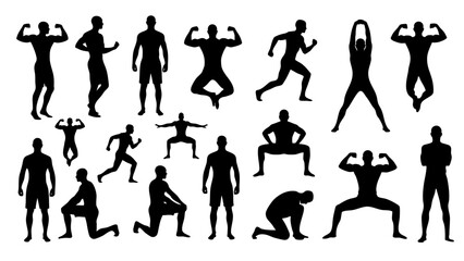 muscular male bodybuilder silhouettes showing gym workout poses and strong fitness power
