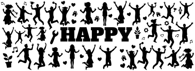 happy people jumping group silhouettes with happy text for celebration and joy