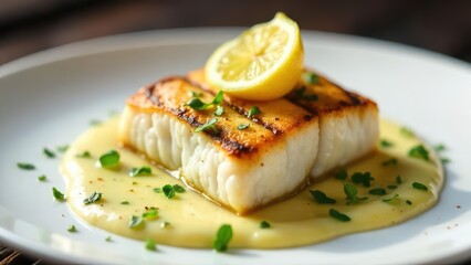 Grilled fish fillet, lemon garnish, creamy sauce, and fresh herbs on a white plate