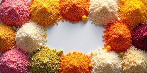 Colorful Rice Cones Arranged in a Circular Pattern with a Blank Center, Ideal for Festive Designs and Culinary Backgrounds