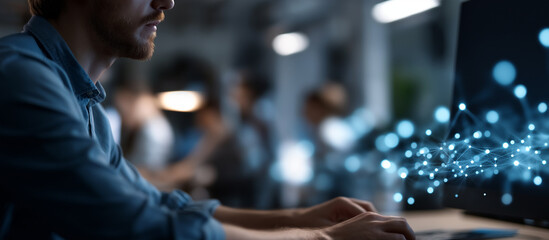 Faceless professional working diligently on system administration heavily defocused office environment background anonymous person with machine learning tasks expanding network