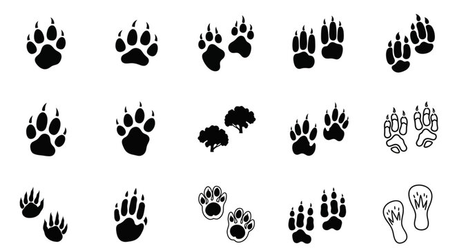 Discover diverse animal paw print icons and silhouette trees, perfect for nature projects and wildlife themes