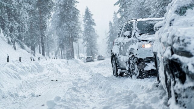 Crashed cars on snowy winter road after accident, emergency and road hazard scene, vehicles damaged in icy conditions, winter driving risk and traffic safety concept