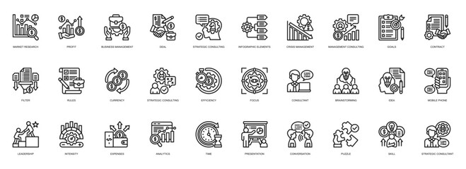 Management Consulting icon collection line style. containing Market Research, Profit, Business Management, Deal, Strategic Consulting, Infographic Elements, Crisis Management