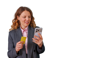 Woman using smartphone for secure online shopping, holding credit card for digital payment, e-commerce concept