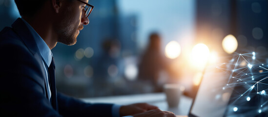 Faceless professional working diligently on system administration heavily defocused office environment background anonymous person with machine learning tasks expanding network