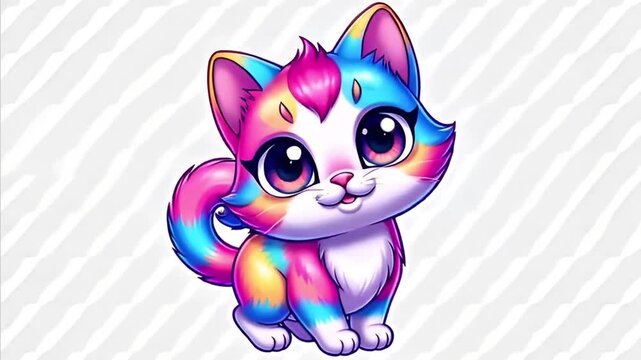 Sweet Chibi Rainbow Kitty with Vibrant Pastel Colors &ndash; Cute Animal Character Vector in High-Quality 4K Stock Illustration