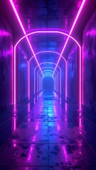 Futuristic tunnel bathed in neon purple and blue glow