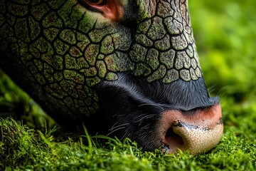 A close-up view of a cow munching on grass, with vibrant green hues contrasted against the unique patterns of the cow's skin. The clarity of the details reveals nature's beauty.