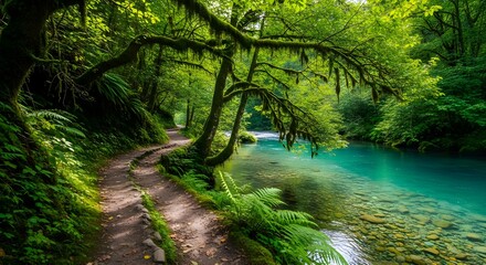 Obraz premium Scenic Path Along a Turquoise River in a Lush Green Forest