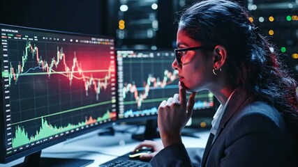 Female financial analyst monitors stock market data on multiple computer screens in a dark office environment. - Powered by Adobe