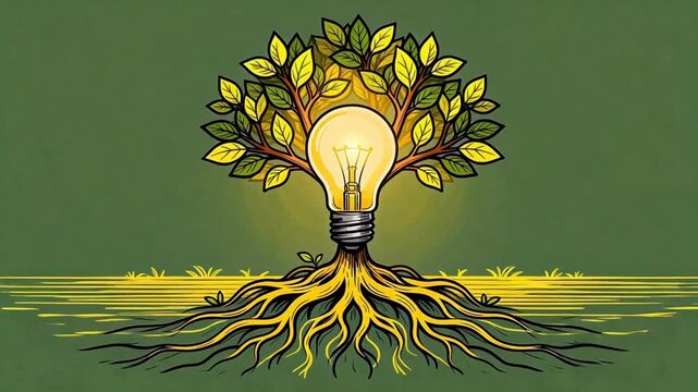 Sustainable Innovation Concept Animation - Light bulb Tree with Root System (Eco-Creativity Scene)