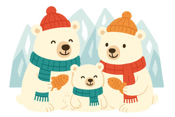Happy Family of Polar Bears with Fish in Winter © icon_art