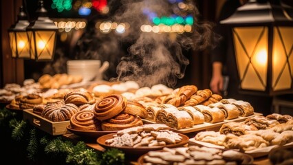 Assorted pastries and cookies displayed on a festive market stall at night with lanterns