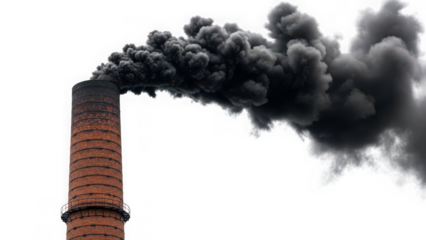Factory chimney emitting thick black smoke against white sky isolated on transparent background