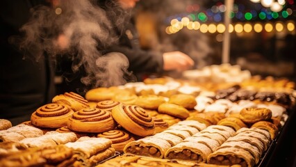 Freshly baked pastries on a market stall with steam rising, showcasing various sweet treats in a vibrant display
