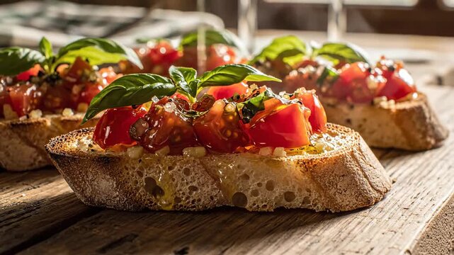 Close up of bruschetta tomatoes basil and bread on rustic wooden surface