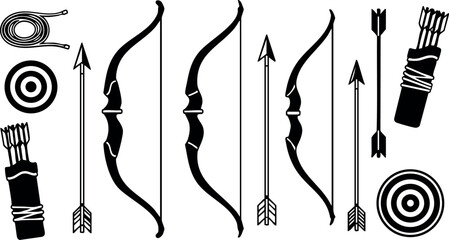 Archery bow arrows and quiver vector set with target and rope design elements