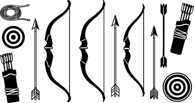 Archery bow arrows and quiver vector set with target and rope design elements