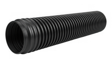 Black corrugated plastic drainage pipe for water flow and irrigation systems isolated on transparent background