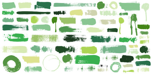 Eco brush drawn tags and labels set. Hand drawn vector bold green brush strokes, circle seals and stamp shapes for organic farm product design. Eco friendly graphic elements, highlights and badges. © Anatoliy
