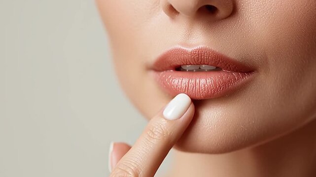 Close up of a person's lips and finger, focusing on beauty and skincare