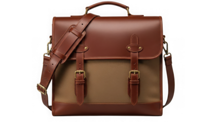 Classic brown leather and canvas messenger bag with shoulder strap isolated on transparent background