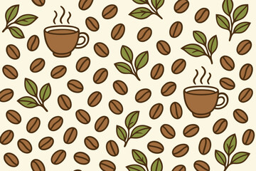 Obraz premium Coffee Pattern Illustration with Cups Beans and Leaves