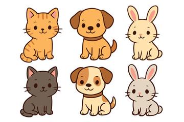 Fototapeta premium Cute Pet Animals Illustration Set with Cat Dog and Rabbit
