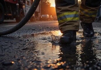 firefighter walking through a puddle with hose and truck in background at sunset