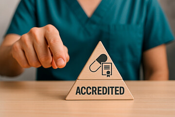 Healthcare professional holding a wooden pyramid-shaped block with the word ACCREDITED concept of Healthcare.